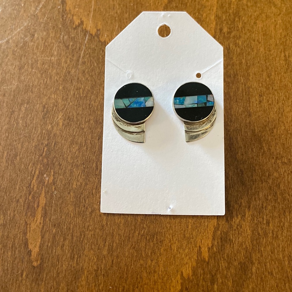 Sterling silver earring studs Great Falls Metal Works w black onyx & inlay opals
